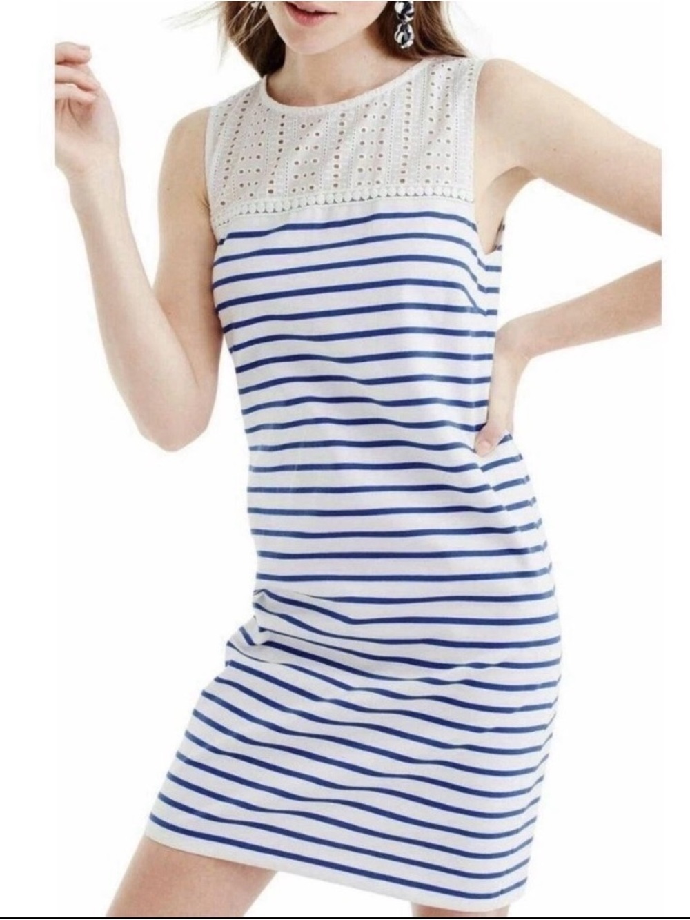 J. Crew‎ Nautical Eyelet Blue & White Striped Sleeveless Shift Dress Size Medium